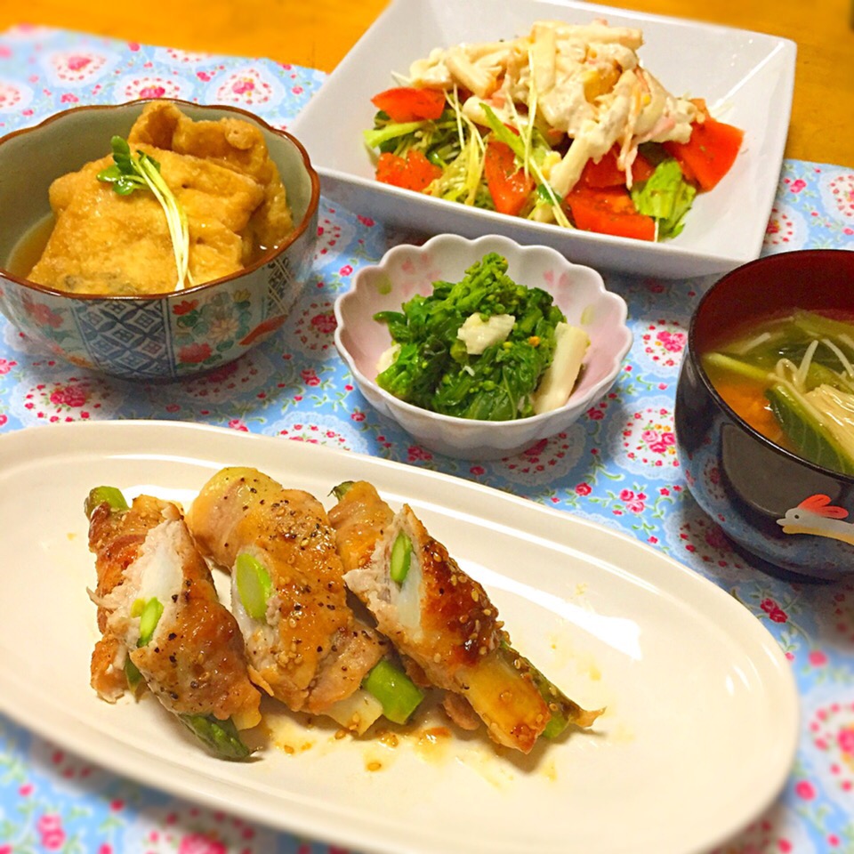 ஐアスパラと長芋の豚ロース巻         ஐ餅ひじき煮巾着    ஐ菜の花の辛子和え